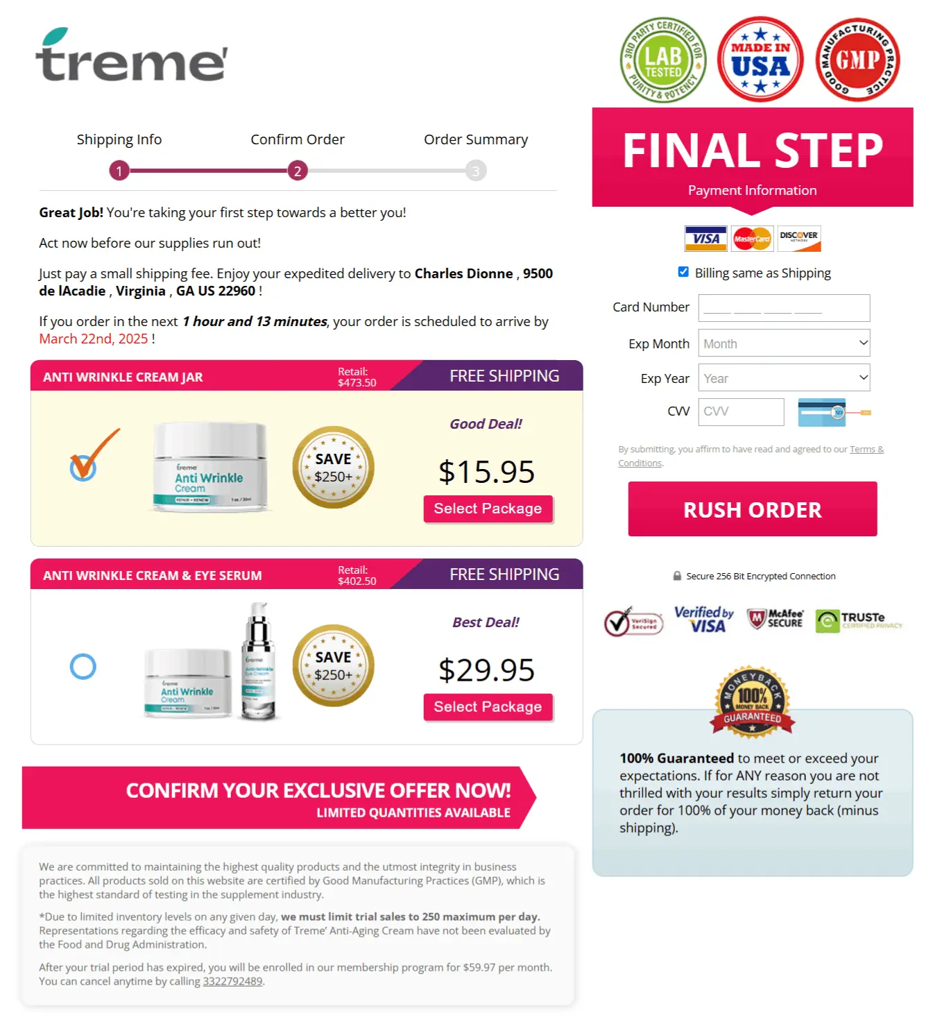 Treme Anti Wrinkle Cream checkout page